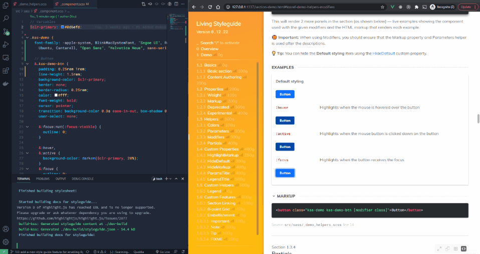 Short animation of stylesheet and style guide being developed side-by-side.